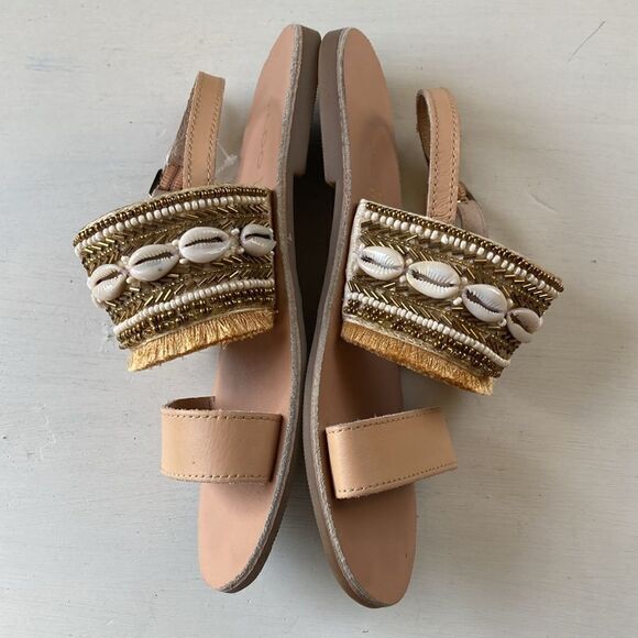 ALDO Belimandra Shell Fringed Beaded Embellish Ankle Strap Flat Sandals Size 6 - Picture 6 of 10